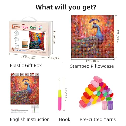 Colorful Peacock DIY Latch Hook Pillow Kits for Adults Printed Pillowcase Crochet Yarns Hooking Handmade Pillow Cover Cushion for Home Sofa Decoration 17x17inch - color: 09-Peacock