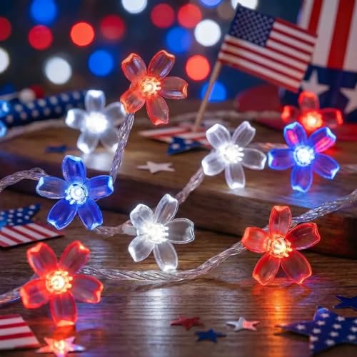 July 4th Independence Day Battery Operated Indoor String Lights 30LED Red Blue White Cherry Blossom Flower Fairy Lights Waterproof Outdoor for Memorial Day Celebration Decoration - color: Red Blue White