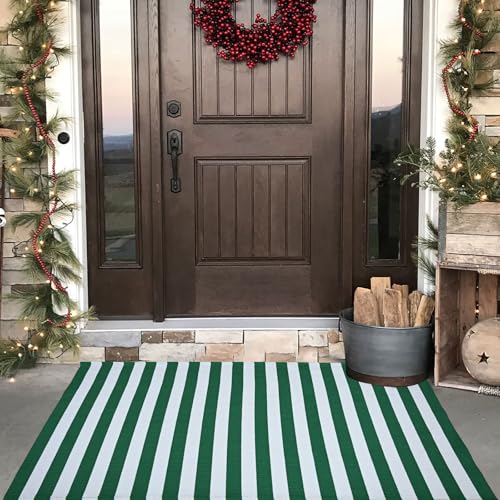 Green & White Striped Rug, 3' x 5' Indoor/Outdoor Area Rug for Front Porch, Entryway, Machine Washable Cotton Woven Welcome Door Mat - color: Green & White Stripe, size: 3' x 5' (Rectangular)