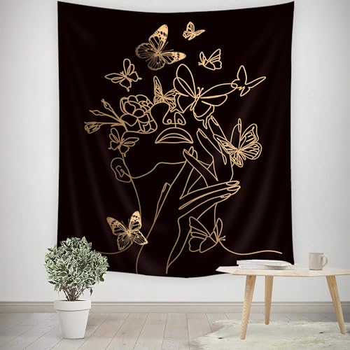 SVBright Simple Woman Flower with Butterfly Fabric Wall Hanging Tapestry 51Wx59H Inch Art Line Aesthetic Modern Minimalist Sketch Wall Black Gold Hanging Home Decor Art for Living Room Bedroom Dorm - color: Black Simple Woman, size: 59"L x 51"W