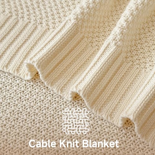 Simple&Opulence 100% Cotton Blanket Queen Size, Solid Color Cable Knitted Blanket Super Soft Comfortable Breathable Decorative Farmhouse for Couch Sofa Bed, All Season Use(White,90x90) - color: White, size: Queen Size 90x90"