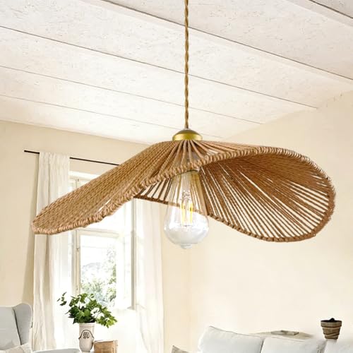 Rattan Pendant Light,16"(40cm) Boho Kitchen Island Light Fixtures, Wicker Small Chandelier,Brown Woven Coastal Hanging Lights for Bedroom/Living Room Hallway Restaurant Foyer - color: 16”scallop shape