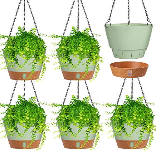 Amyhill 6 Pcs 8 Inch Hanging Planter for Indoor Plants Self Watering Hanging Pot Baskets with Drainage Hole Visible Water Level Tray with Hooks for Garden Outdoor(Green) - color: Green