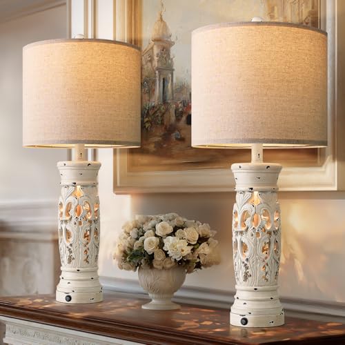 BOBOMOMO 27.25” Farmhouse Table Lamps Set of 2 – Antique White Bedside Lamps with Night Light & USB A+C Ports, Vintage Lamps for Bedroom, Living Room, Entryway, Console Table (Bulbs Included) - color: Antique White