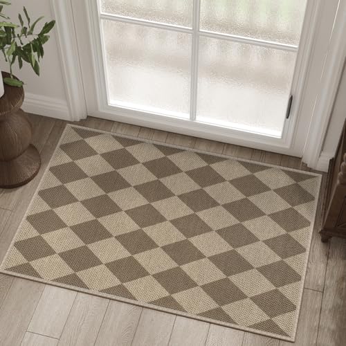 Rugalia Easy Jute Checkered Entryway Rug, 2x3 Brown Modern Indoor Outdoor Doormat, Washable Non-Slip Neutral Small Kitchen Rug Farmhouse Diamond Throw Rugs for Entrance Bedroom Bathroom - color: Brown Checkered, size: 2' x 3' (Rectangular)