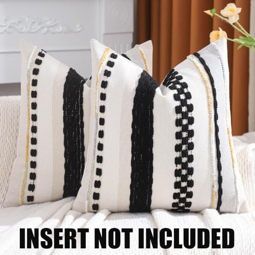 Boho Throw Pillow Covers 18x18 inch Set of 2 Black and Cream Pillow Covers Stripe Tufted Decorative Pillow Case Accent Chenille Pillowcase Farmhouse Patterned Cushion Case for Home Decor - color: Black Stripe, size: 18" x 18" (Pack of 2)