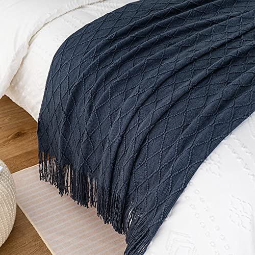 BATTILO HOME Navy Blue Throw Blanket with Fringe, Geometric Bed Blue Throws, Spring Decorative Large Throw for Couch Sofa Indoor Outdoor, 52"x80" - color: Navy, size: 52 x 80 in.
