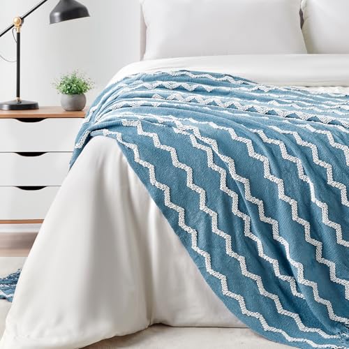 BOURINA Fluffy Chenille Knitted Fringe Throw Blanket Lightweight Soft Cozy for Bed Sofa Chair Throw Blankets, Blue 50" x 60" - color: A-blue, size: 50"×60"