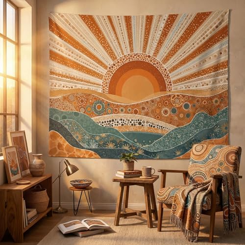 Kanuyee Boho Desert Sunrise Wall Tapestry, Abstract Pointillism Landscape Art Tapestries for Room Decor, Modern Sahara Tapestry 80"x60" - color: Ochre, size: 80"L x 60"W