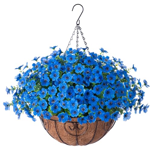 HyeFlora Artificial Fake Hanging Plants Flowers with Basket Outdoor Decor Faux Silk Daisy Flower Arrangements in Pot Planter for Porch Home Indoor Patio Garden Yard Decoration, Blue - color: Blue
