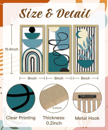 Putuo Decor Boho Wall Art Set of 3 Modern Minimalist Wooden Wall Decor Abstract Geometric Room Decorations Mid Century Artwork for Living Room Bedroom Office in Blue Tones 16.5 x 8.6 Inch - color: Blue Modern Linework