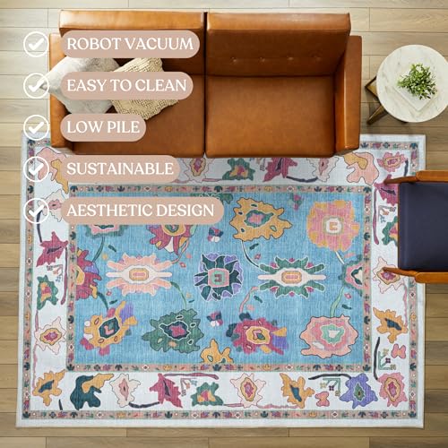 Fame Living Colorful Oushak Rug, Modern Small Rugs, Vintage, Turkish, Eclectic, Floral, Pastel, Washable, Door Mat, Doormat for Indoor Entrance, Entryway, Kitchen, Bathroom, Bedroom, Laundry, 2'x3' - color: Navy Cream, size: 2' x 3' (Rectangular)