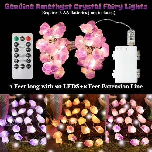 Genuine Amethyst Crystal Fairy Lights, Natural Healing 20 Raw Stones String of Lights 6.5ft Remote Control USB Plug in for Reiki Ornaments Bedroom Wedding Decoration