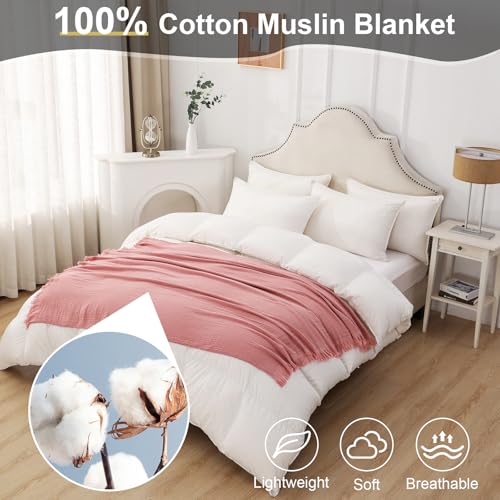 Cotton Muslin Throw Blanket with Tassels, Lightweight Woven Gauze, Pre-Washed Breathable Farmhouse Decor for Bed, Couch, All-Season Use (Dusty Pink, 50" x 60") - color: Dusty Pink, size: 50" x 60"