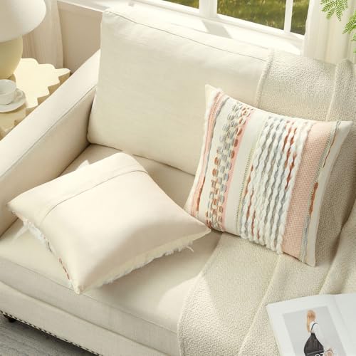 FUTEI Pack of 2 Boho Chenille Decorative Throw Pillow Covers 20x20 Inch Soft Plush Tufted Striped Textured Cushion Case,Farmhouse Accent for Couch Bed Living Room, Grey Blue Coral - color: Grey Blue+coral, size: 20" x 20" (Pack of 2)