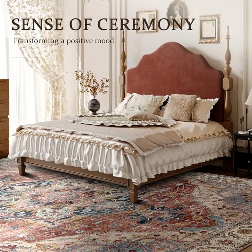 Deerly Large Washable Living Room Rugs 9x12 Boho Vintage Area Rug Indoor Bedroom Carpet with Non Slip Rubber Backing for Under Dining Table Office Farmhouse, Brickred/Multi - color: Brickred & Multi, size: 9' x 12' (Rectangular)