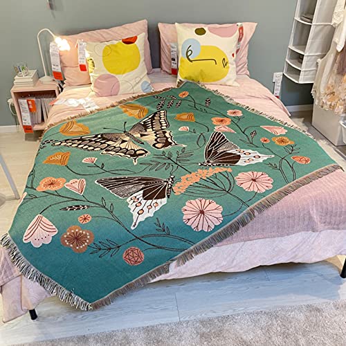 LumiSyne Double-Sided Cotton Woven Throw Blanket with Tassel Jungle Bohemian Style Tapestry Shawl Multi-Function Decorative Throws for Sofa Bed Armchair Camping Blanket Tablecloth Carpet 160x130cm - color: Butterfly Dance