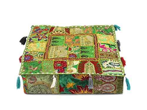 CRAFT KALA Indian Square Patchwork Traditional Pouf Cover Indian Living Room Poufs Decorative Embroidered Designer Ottoman Home Living Footstool Chair Cover Decor Pillow Cover 18x18x5 inches, Green - color: Green, size: 18"D x 18"W x 5"H