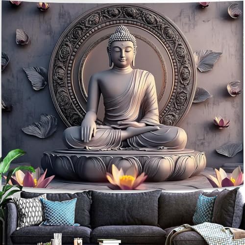 FENDROM Vintage Sitting Buddha Tapestry Wall Hanging Buddhist Statue Tapestries Lotus Meditation Wall Decor Psychedelic Indian Zen Art for Bedroom Living Room Home Decor - color: Grey2, size: 59"L x 39"W