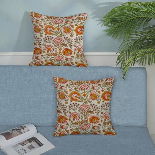 Boho Pillow Covers 16x16 Inch 2 Pcs Fall Burnt Orange Yellow Green Vintage Floral Decor Throw Pillows Spring Flower Summer Outdoor Farmhouse Decoration Pillowcase Cushion Cover for Couch Sofa - color: Boho Burnt Orange Floral, size: 16" x 16" (Pack of 2)