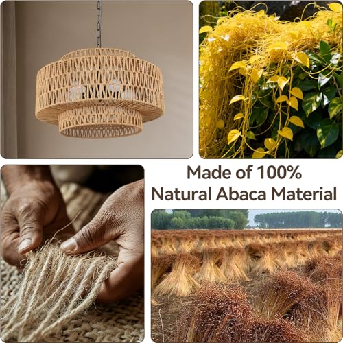 24" Large Rattan Chandelier, 6-Light Boho Dining Room Light Fixture Over Table, Natural Handwoven Wicker Pendant Lamp for Living Room, Coastal Farmhouse Hanging Ceiling Light - color: Beige-W60cm