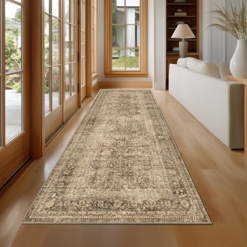 Fmfunctex 3x7 Runner Rug Brown Washable Vintage Neutral Distressed Non Slip Low Pile Indoor Carpet Soft Retro Floral Hallway Entryway Rug for Kitchen Living Room Bedroom Bathroom Laundry Entry Bedside - color: Brown, size: 3' x 7' (Rectangular)