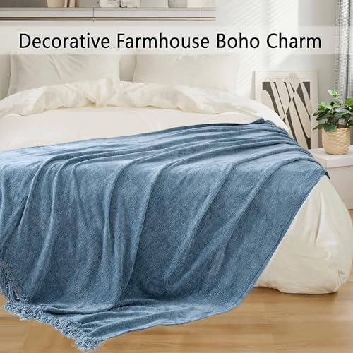 Chenille Throw Blanket for Couch 50"X 60", Soft Cozy Throws with Fringe Tassel for Bed Sofa Chair Cover, Lightweight Knitted Decorative Boho Blankets for Living Room, Dusty Blue - color: Dusty Blue, size: 50x60 inch