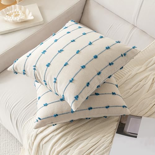 YEENAASY Boho Throw Pillow Covers 18x18 Set of 2 Modern Farmhouse Decorative Cushion Case Tufted Linen Square Pillows Cover Neutral Pillow Cases Accent Pillowcase for Sofa,Couch,Bed,Beige and Blue - color: Beige and Blue, size: 18" x 18" (Pack of 2)