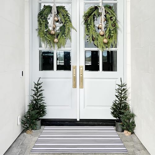 Black and White Striped Rugs, 28”x 43” Outdoor Indoor Front Porch Door Mats Cotton Hand-Woven Layered Area Rug Doormat for Entryway Patio Entryway Laundry Bedroom Living Room