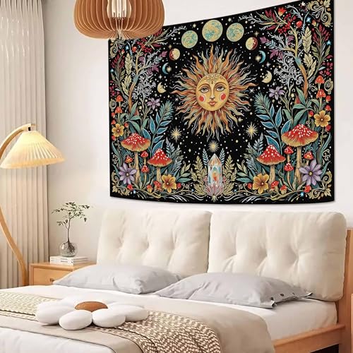 Accnicc Boho Sun and Moon Tapestry Hippie Mushroom Floral Wall Tapestry for Bedroom Aesthetic Vintage Plant Celestial Spiritual Small Tapestries Wall Hanging for Dorm Living Room Decor 48 x 36 Inch - color: Yellow Red, size: 48"L x 36"W