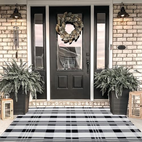 Fall Décor Plaid Rug, 4' x 6' Black&White Check Indoor/Outdoor Area Rug, Layering Rug for Hello/Welcome Door Mat, Machine Washable Cotton Woven Rugs for Farmhouse Front Porch, Entryway - color: Black & White Plaid X, size: 4' x 6' (Rectangular)