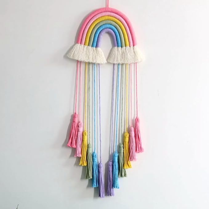 Rainbow Macrame Wall Hanging - Hand-Woven Cotton Tassel Tapestry Decor for Baby Room, Nursery, and Home Decor (Pink Rainbow)