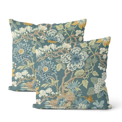 Chinoiserie Throw Pillow Covers 18x18 Inch 2 Pcs Green Blue Teal Floral Decor Pillow Covers Vintage Flower Spring Summer Outdoor Seasonal Decorative Pillowcase Linen Cushion Cover for Couch - color: Chinoiserie Green Blue Teal Floral, size: 18" x 18" (Pac