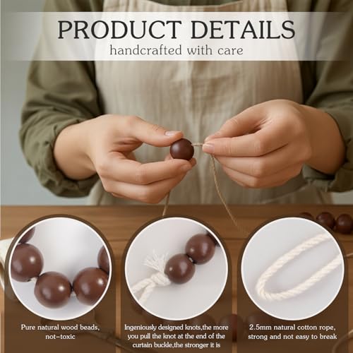 Hion 4 Pcs Boho Curtain Tiebacks,Wood Beads Curtain Holdbacks,Outdoor Farmhouse Tie Backs for Curtains,Curtain Holders for Drapes Home Office Room Decor with Hooks(Coffee) - color: Coffee, size: 4 Pack