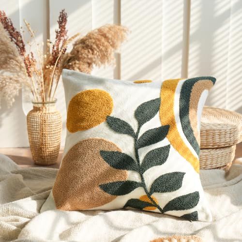 Boho Abstract Decorative Pillow Covers 18x18,Soft Mid Century Floral Woven Tufted Neutral Pillowcase for Couch Bed Sofa Bedroom,1 PC - color: Yellow，green