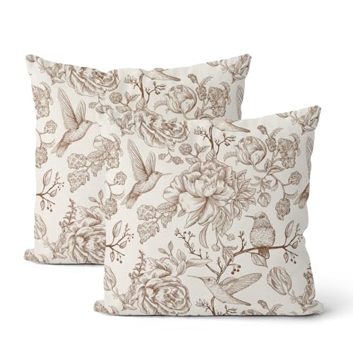 Chinoiserie Brown Throw Pillow Covers 18x18 Inch 2 Pcs Vintage Brown Floral Bird Outdoor Decor Pillow Covers Flower Spring Fall Seasonal Decorative Pillowcase Linen Cushion Cover for Couch Sofa - color: Brown Floral Bird, size: 18" x 18" (Pack of 2)