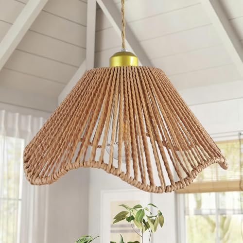 Boho Rattan Pendant Light, Shell-Shaped Boho Ceiling Lamp with Adjustable Height, E26 Lamp, Gold Finish, 12 Inch Diameter for Living Room/Bedroom/Dining Areas, cafes & entryways - color: 12” Flower shape