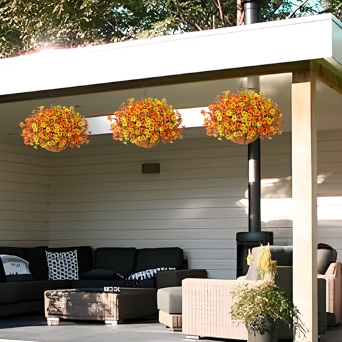 Artificial Fake Hanging Baskets Fall Flowers for Outdoors Autumn Decoration, 12 PCS Faux Daisy Silk Plants Outside UV Resistant Look Real Yard Patio Front Porch Balcony Home Decor (Orange Yellow) - color: Orange Yellow