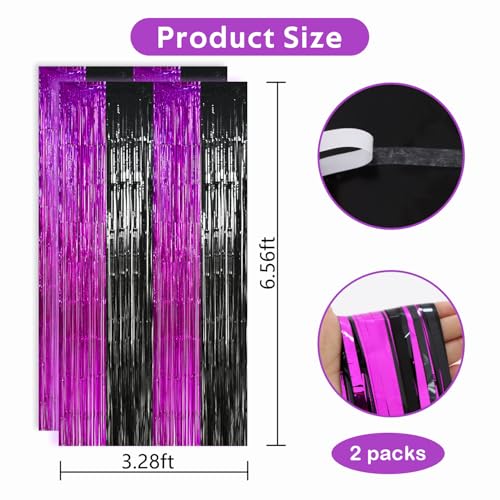 TONIFUL Black Hot Pink Door Streamers,Black and Pink Photo Booth Backdrop Metallic Streamers Foil Fringe Curtain for Birthday,New Year,Graduation,Grad,Baby Shower Party Streamers Decoration - color: Black Rose Red