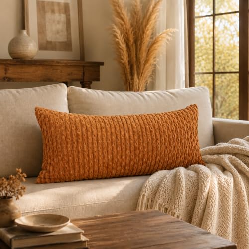JoraLion 12x24 Boho Decorative Lumbar Throw Pillow Cover, Rust Cozy Soft Striped Corduroy Long Rectangle Cushion Case Accent Home Decor for Sofa Bed Room Livingroom, ONLY Cover - color: Rust, size: 24" x 12" (Pack of 1)
