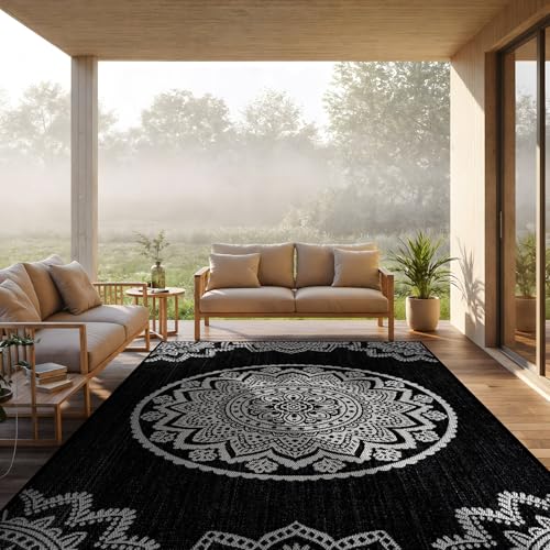 CAMILSON Outdoor Rug 8x10 Modern Area Rugs for Indoor and Outdoor Patios and Porches - Waterproof Washable Non-Shedding Easy-to-Clean Outside Carpet (8 x 10 Medallion - Black/White) - color: Medallion - Black / White, size: 8' x 10' (Rectangular)