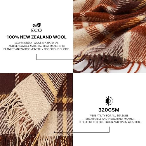 New Zealand Virgin Wool Throw Blanket, Indoor and Outdoor Blankets and Throws, Comfortable Soft Blanket with Fringes and Tartan Pattern, 67 x 79 in, Queen Size, Brown and Beige - color: Beige and Brown