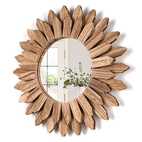 Honiway Wall Mirror Decorative 12 inch Rustic Wood Mirror Sunburst Boho Mirror for Entryway Bedroom Living Room Bathroom House Warming Gifts New Home Essential Carbonized Black - color: Carbonized Black, size: 12 inch (1 pack)