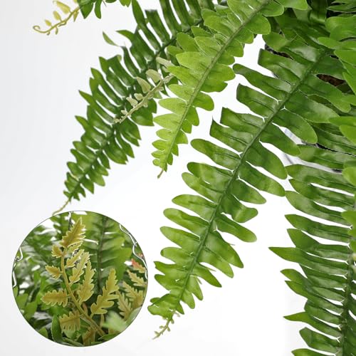 Hollyone 33" Artificial Boston Fern Hanging Basket Large 39 Leaves Fake Ferns in Rattan Pot Greenery Plants for Outdoors & Indoor Faux Fern Bush Basket Plant Patio Garden Home Decor Green - color: Hanging Basket - Green Large