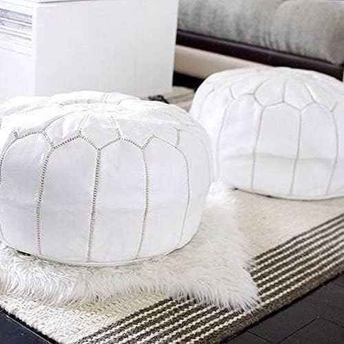 ARTOUARZAZATE Premium Moroccan Leather Pouf Cover - Round & Large Ottoman Footstool Cover with Embroidery - Cover ONLY - Perfect for The Living Room Bedroom, Kids Room, Gift & Wedding (White)