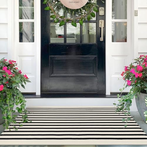 IOHOUZE Black Beige Striped Rug -2.3'x3.6' Front Door Rugs Outdoor, Small Washable Area Rug for Front Porch, Spring Summer Welcome Mats Outdoor Indoor, Doormat for Entryway Porch Entrance - color: Light Beige/Black Stripe, size: 2'4" x 3'8" (Rectangular)