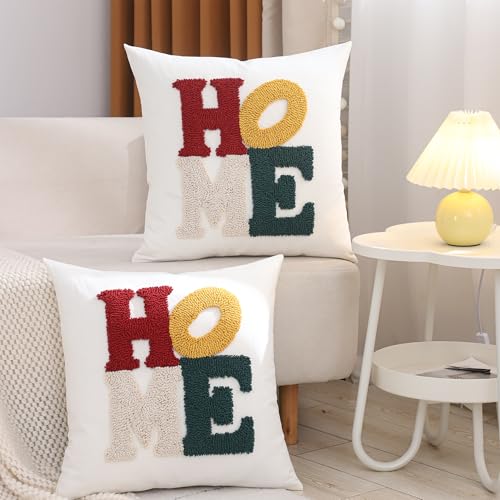 LUOYEHK Home Pillow Covers 20x20 Inch Set of 2 Words Tufted Embroidery Throw Pillow Covers Neutral Decorative Pillowcase Farmhouse Cushion Covers for Couch Sofa Bed Living Room - color: Home, size: 20" x 20" (Pack of 2)