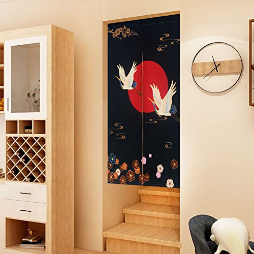 LIGICKY Noren Doorway Curtain Japanese Style White Cranes Red Sun Gold Colourful Cherryblossom Printed Cotton Linen Window Treatment Door Tapestry for Home Decoration 33.5" Width x 59" Long - color: Cranes Flowers Sun, size: 33.5"W x 59"L (Pack of 1)