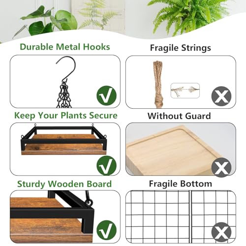 Plant Hanger Indoor, 11.8" Wooden Hanging Plant Holder with Metal Frame Hanging Planter for Indoor Plants Load 50LB Hanging Plant Shelf with 27.6" Long Chain, Ideal for Heavier Pots Window Ceiling - size: Small