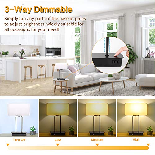 3-Way Dimmable Touch Control Table Lamp with 2 USB Ports and AC Power Outlet Modern Bedside Nightstand Lamp Fabric Shade and Metal Base for Guestroom Bedroom Living Room Hotel LED Bulb Included White - color: White